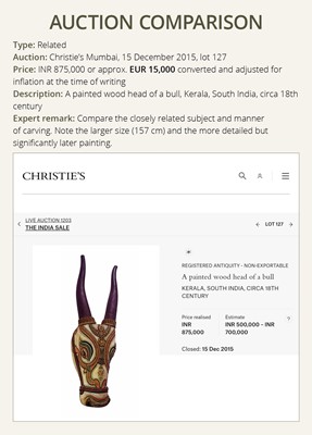 Lot 271 - A CARVED WOOD HEAD OF A BULL, KERALA, 18TH-19TH CENTURY