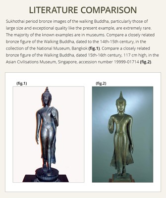 A VERY LARGE AND HIGHLY IMPORTANT BRONZE FIGURE OF A WALKING BUDDHA, SUKHOTHAI KINGDOM