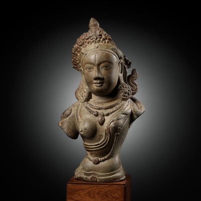 Lot 615 - A SANDSTONE BUST OF A FEMALE BODHISATTVA, APPLIED ARTS SCHOOL OF BIEN HOA, VIETNAM