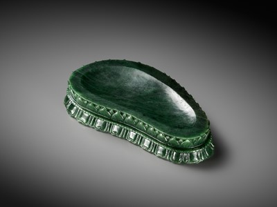 Lot 99 - AN ANCIENT WHITE PEBBLE ‘KAPALA’ BOX AND COVER, WITH A FITTED SPINACH-GREEN JADE STAND, IMPERIAL WORKSHOPS OF SUZHOU, QIANLONG PERIOD
