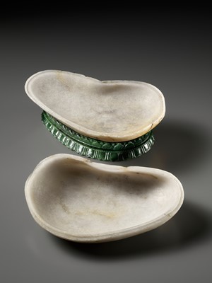 Lot 99 - AN ANCIENT WHITE PEBBLE ‘KAPALA’ BOX AND COVER, WITH A FITTED SPINACH-GREEN JADE STAND, IMPERIAL WORKSHOPS OF SUZHOU, QIANLONG PERIOD