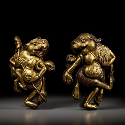 Lot 286 - A PAIR OF GILT-COPPER REPOUSSÉ PLAQUES DEPICTING BARDO DEITIES, TIBET, 18TH-19TH CENTURY