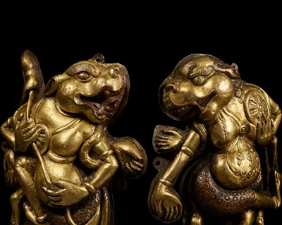 Lot 286 - A PAIR OF GILT-COPPER REPOUSSÉ PLAQUES DEPICTING BARDO DEITIES, TIBET, 18TH-19TH CENTURY