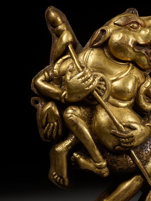 Lot 286 - A PAIR OF GILT-COPPER REPOUSSÉ PLAQUES DEPICTING BARDO DEITIES, TIBET, 18TH-19TH CENTURY