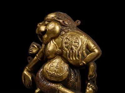 Lot 286 - A PAIR OF GILT-COPPER REPOUSSÉ PLAQUES DEPICTING BARDO DEITIES, TIBET, 18TH-19TH CENTURY