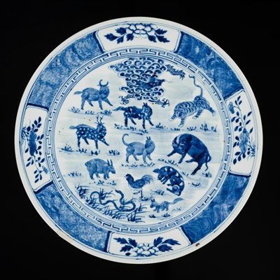 A LARGE BLUE AND WHITE ‘ZODIAC’ CHARGER, KANGXI MARK, LATE QING TO REPUBLIC