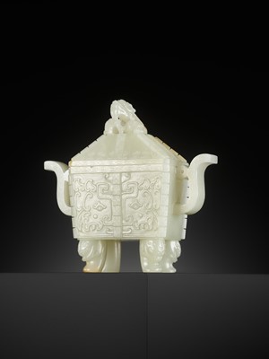 Lot 115 - A WHITE JADE RITUAL ‘DRAGON’ VESSEL AND COVER, FANGDING, QING DYNASTY