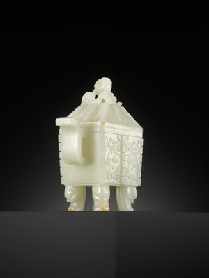 Lot 115 - A WHITE JADE RITUAL ‘DRAGON’ VESSEL AND COVER, FANGDING, QING DYNASTY