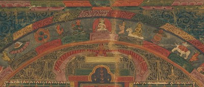 A RARE AND IMPORTANT THANGKA OF THE SEVENTEEN-DEITY TARA MANDALA, FIRST HALF OF 16TH CENTURY