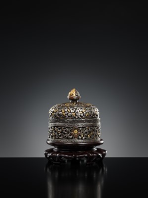 Lot 282 - A GOLD, SILVER AND COPPER DAMASCENED IRON BOX AND COVER, TIBET, 16TH - 17TH CENTURY