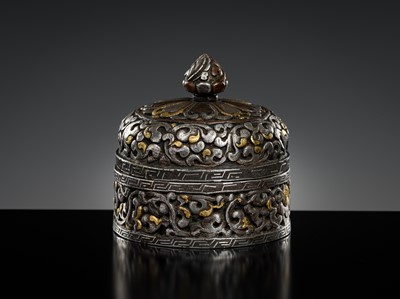 Lot 282 - A GOLD, SILVER AND COPPER DAMASCENED IRON BOX AND COVER, TIBET, 16TH - 17TH CENTURY