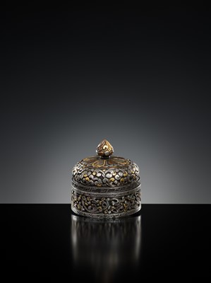 Lot 282 - A GOLD, SILVER AND COPPER DAMASCENED IRON BOX AND COVER, TIBET, 16TH - 17TH CENTURY