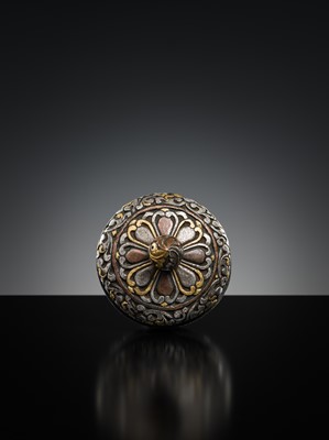 Lot 282 - A GOLD, SILVER AND COPPER DAMASCENED IRON BOX AND COVER, TIBET, 16TH - 17TH CENTURY