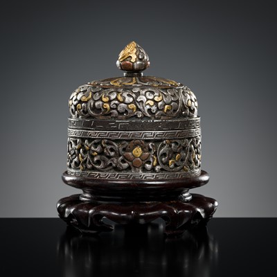 Lot 282 - A GOLD, SILVER AND COPPER DAMASCENED IRON BOX AND COVER, TIBET, 16TH - 17TH CENTURY