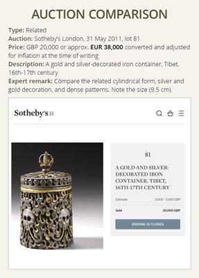 Lot 282 - A GOLD, SILVER AND COPPER DAMASCENED IRON BOX AND COVER, TIBET, 16TH - 17TH CENTURY