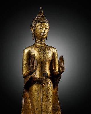 Lot 588 - A GILT-LACQUERED BRONZE FIGURE OF STANDING BUDDHA, RATTANAKOSING PERIOD