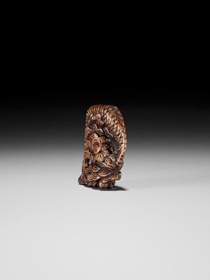 Lot 13 - A POWERFUL WOOD NETSUKE OF A COILED DRAGON