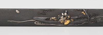 Lot 254 - GOTO MITSUAKI: A SUPERB GOLD AND SHAKUDO KOZUKA DEPICTING A DRIFTING BOAT (UKIFUNE) FROM THE TALE OF GENJI, DATED 1841