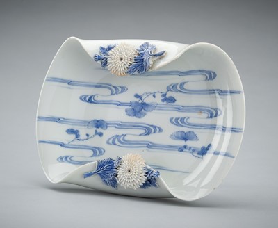 Lot 129 - A FINE HIRADO PORCELAIN DISH WITH KIKU (CHRYSANTHEMUM) BLOSSOMS