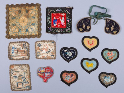 Lot 1905 - A GROUP OF FOURTEEN EMBROIDERED SILK TEXTILES AND PATCHES, QING DYNASTY