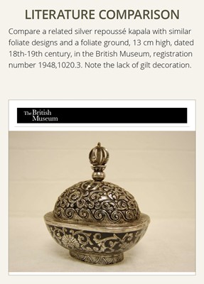 Lot 8 - A PARCEL-GILT SILVER REPOUSSÉ KAPALA WITH MATCHING COVER AND STAND, TIBET, 18TH-19TH CENTURY