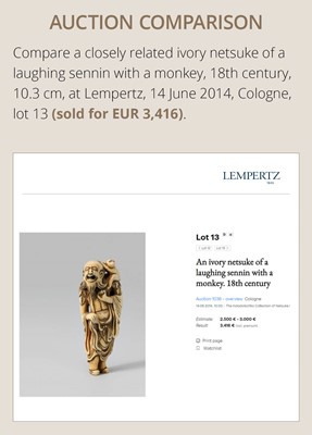 Lot 5 - A SUPERB AND LARGE IVORY NETSUKE OF A SENNIN WITH A MONKEY