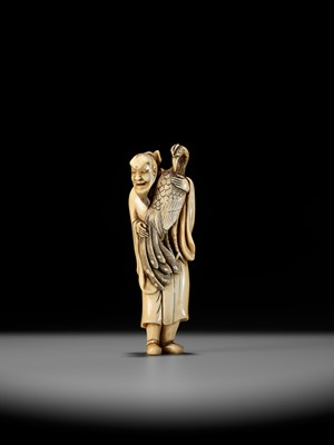 Lot 22 - A VERY RARE AND LARGE IVORY NETSUKE OF BAIFUKU WITH HO-O BIRD