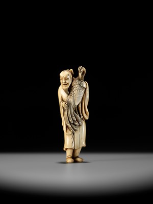 Lot 22 - A VERY RARE AND LARGE IVORY NETSUKE OF BAIFUKU WITH HO-O BIRD