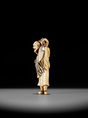 Lot 22 - A VERY RARE AND LARGE IVORY NETSUKE OF BAIFUKU WITH HO-O BIRD