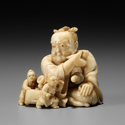 Lot 173 - IKKOSAI: A VERY RARE IVORY NETSUKE OF WASOBEI IN THE LAND OF LILLIPUT