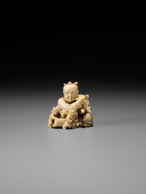 Lot 173 - IKKOSAI: A VERY RARE IVORY NETSUKE OF WASOBEI IN THE LAND OF LILLIPUT