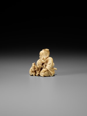 Lot 173 - IKKOSAI: A VERY RARE IVORY NETSUKE OF WASOBEI IN THE LAND OF LILLIPUT