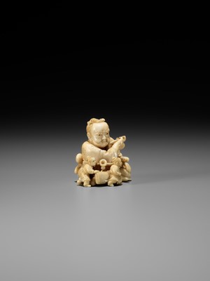 Lot 173 - IKKOSAI: A VERY RARE IVORY NETSUKE OF WASOBEI IN THE LAND OF LILLIPUT