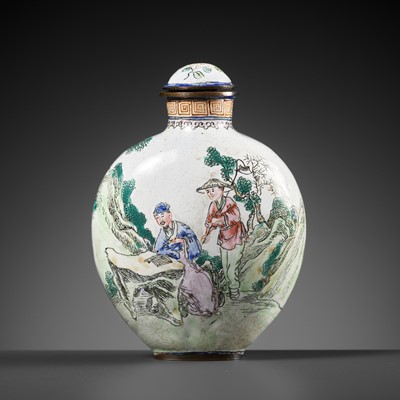 Lot 490 - A CANTON ENAMEL ‘FOUR NOBLE PROFESSIONS’ SNUFF BOTTLE, QIANLONG MARK AND POSSIBLY LATE IN THE PERIOD