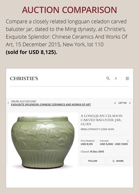 Lot 1856 - A CARVED AND MOLDED LONGQUAN CELADON ‘LOTUS’ PORCELAIN JAR, YUAN TO MING DYNASTY
