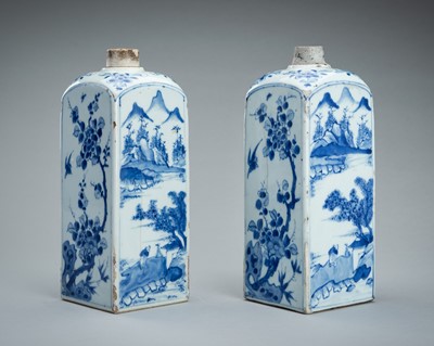 Lot 1876 - A PAIR OF BLUE AND WHITE SQUARE-FORM PORCELAIN BOTTLES, KANGXI PERIOD