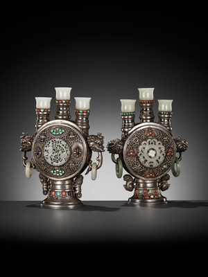 Lot 291 - A PAIR OF MONGOLIAN GEMSTONE-INLAID AND JADE-MOUNTED SILVER CANDLE HOLDERS