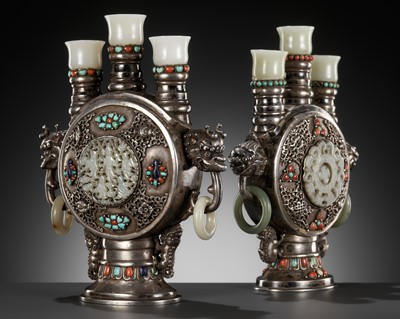 Lot 291 - A PAIR OF MONGOLIAN GEMSTONE-INLAID AND JADE-MOUNTED SILVER CANDLE HOLDERS