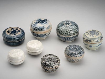 Lot 1869 - A LOT WITH EIGHT BLUE AND WITE PORCELAIN BOXES, MING TO QING