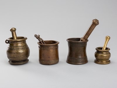 Lot 1226 - A LOT WITH FOUR MIXED METAL MORTARS AND VESSELS WITH PESTLES AND SPOONS