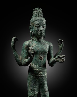 Lot 577 - A RARE BRONZE FIGURE OF MAITREYA, PRE-KHMER PERIOD