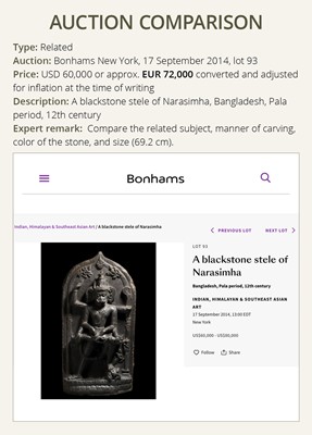 Lot 246 - A RARE BLACK STONE STELE OF NARASIMHA KILLING HIRANYAKASHIPU, PALA PERIOD