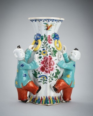 Lot 1897 - A FAMILLE ROSE PORCELAIN WALL VASE WITH TWIN BOYS, 19TH CENTURY