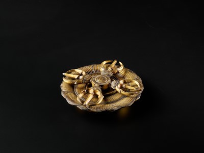 Lot 3 - A GILT BRONZE KATSUMA WITH MATCHING LOTUS TRAY, KAMAKURA