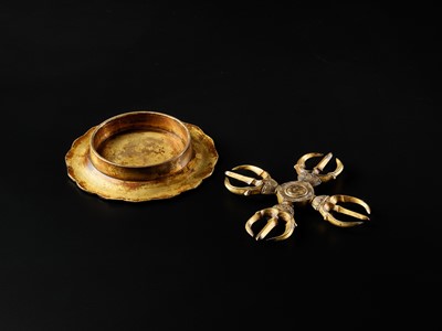 Lot 3 - A GILT BRONZE KATSUMA WITH MATCHING LOTUS TRAY, KAMAKURA