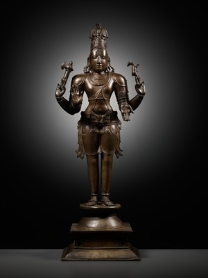 Lot 259 - A LARGE AND MASSIVELY CAST BRONZE FIGURE OF SHIVA CHANDRASHEKHARA, VIJAYANAGAR PERIOD