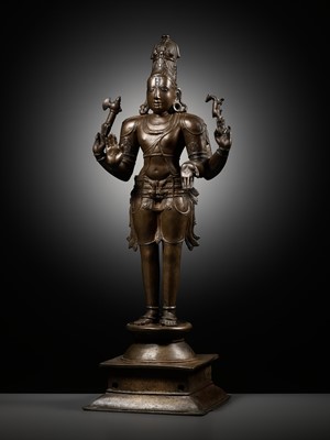 Lot 259 - A LARGE AND MASSIVELY CAST BRONZE FIGURE OF SHIVA CHANDRASHEKHARA, VIJAYANAGAR PERIOD