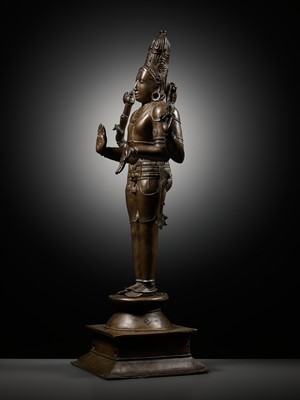 Lot 259 - A LARGE AND MASSIVELY CAST BRONZE FIGURE OF SHIVA CHANDRASHEKHARA, VIJAYANAGAR PERIOD