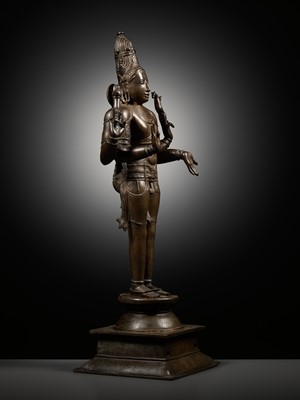 Lot 259 - A LARGE AND MASSIVELY CAST BRONZE FIGURE OF SHIVA CHANDRASHEKHARA, VIJAYANAGAR PERIOD