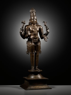 Lot 259 - A LARGE AND MASSIVELY CAST BRONZE FIGURE OF SHIVA CHANDRASHEKHARA, VIJAYANAGAR PERIOD